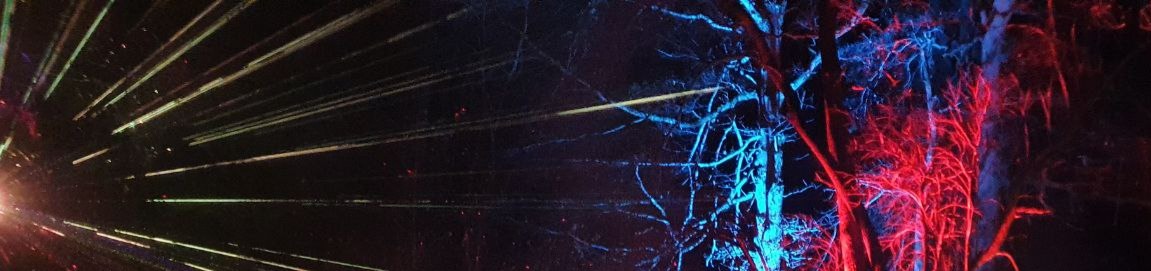 Laser beams cutting through trees lit red and blue at night